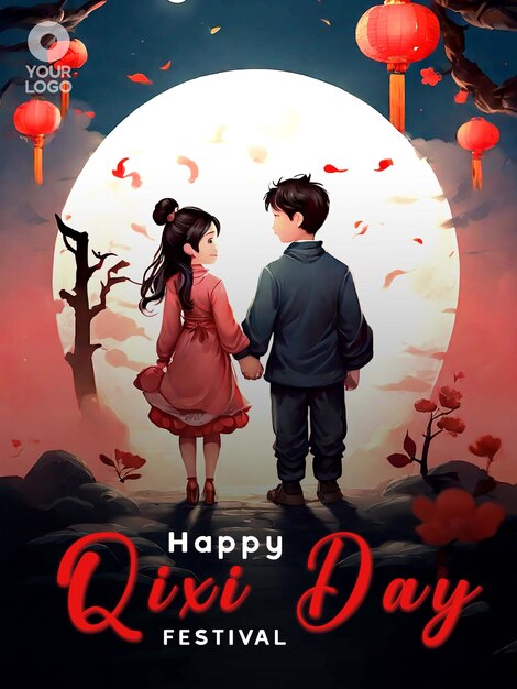 Chinese Valentines Day or Qi Xi Day Greeting Poster Template