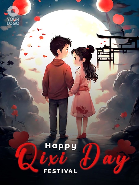 Chinese Valentines Day or Qi Xi Day Greeting Poster Template