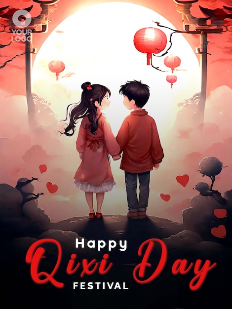 Chinese Valentines Day or Qi Xi Day Greeting Poster Template