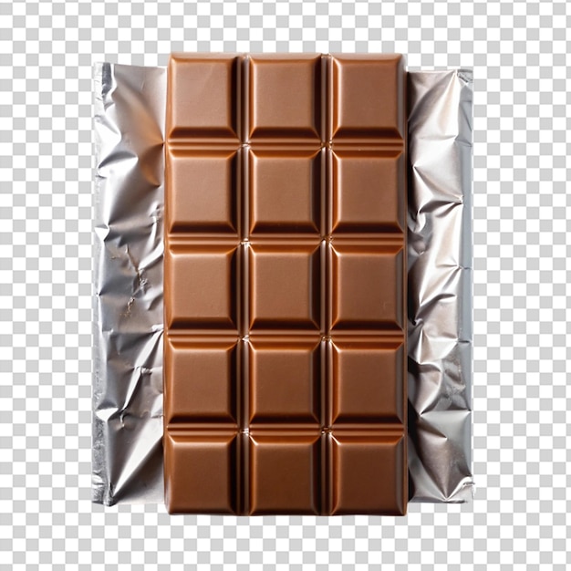 PSD a chocolate bar with chocolate squares on a piece of aluminum foil on transparent background