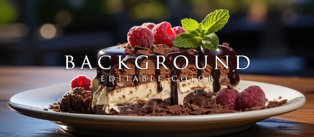 Chocolate cake on white plate with gray stone table Background