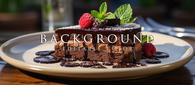 Chocolate cake on white plate with gray stone table Background