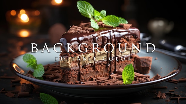 Chocolate cake on white plate with gray stone table Background