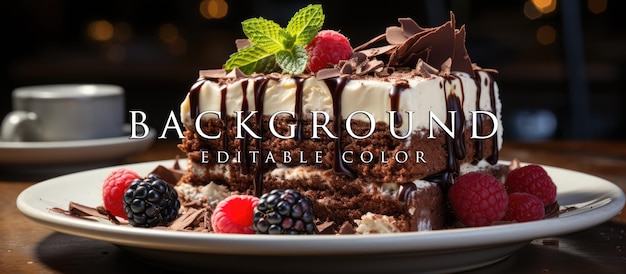 Chocolate cake on white plate with gray stone table Background