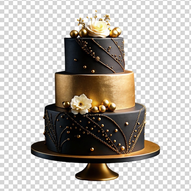 PSD a chocolate cake with gold decorations on top on transparent background