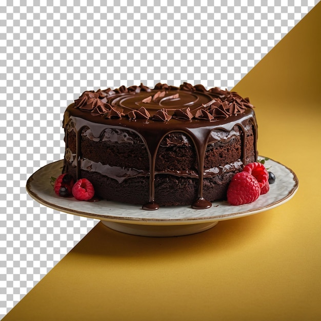 Chocolate cake with raspberries and curls with transparent background