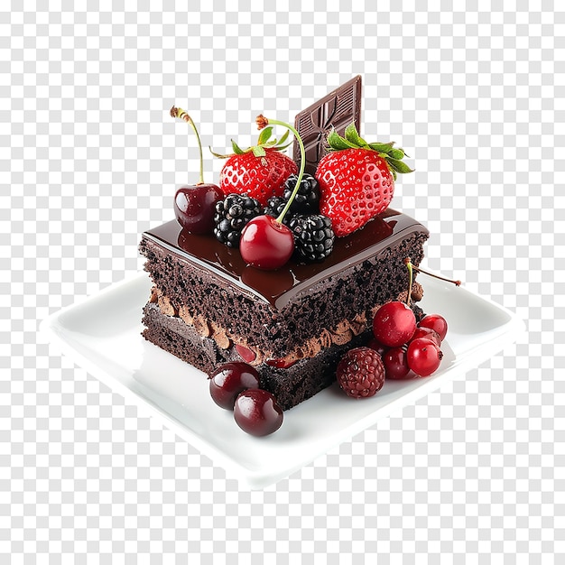 PSD chocolate cake with with berries strawberries and cherries on a transparent background