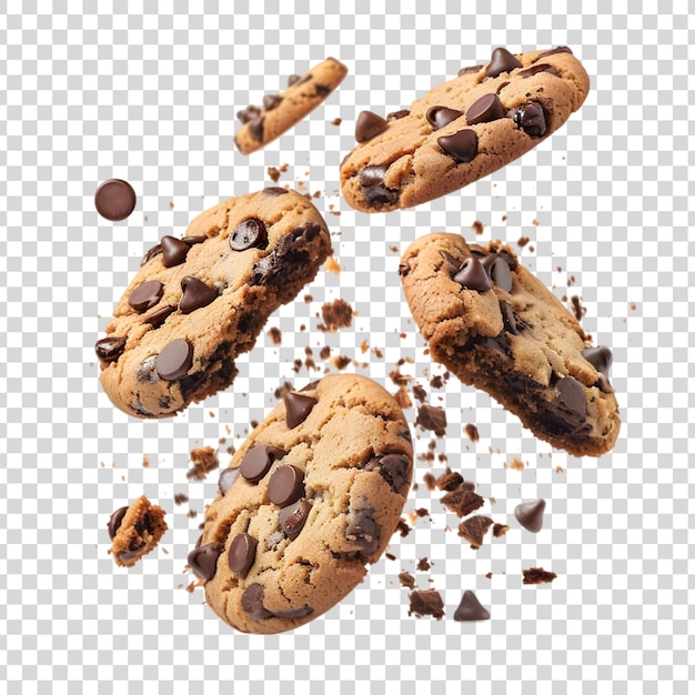 Chocolate chip cookie explosion isolated on a transparent background