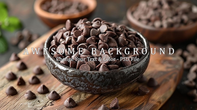 PSD chocolate chips in a bowl on a wooden table