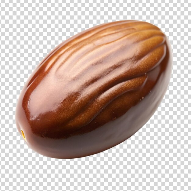 A chocolate covered nut on cocoa powder on transparent background