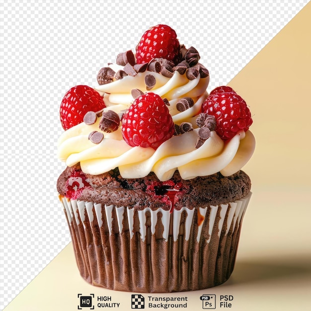 chocolate cupcakes with fresh raspberries and cream isolated on isolated background with a dark shadow in the foreground png