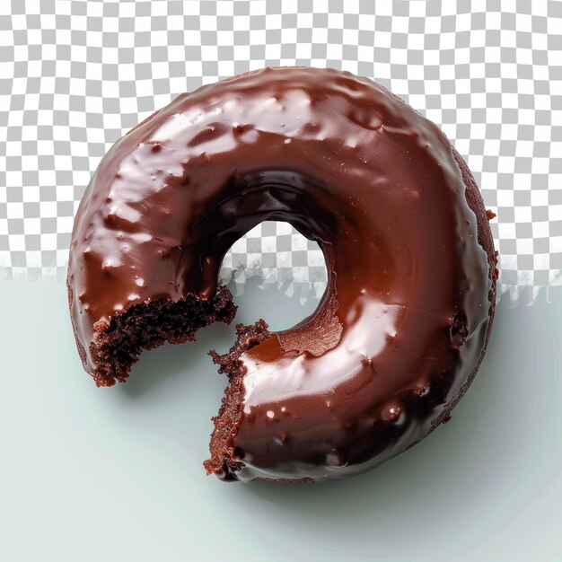 a chocolate donut with chocolate frosting and a half eaten chocolate donut