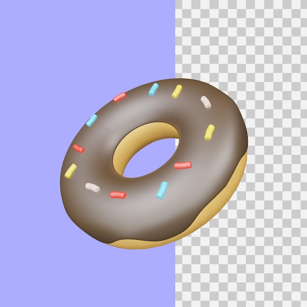 A chocolate donut with colorful sprinkles on a purple background.