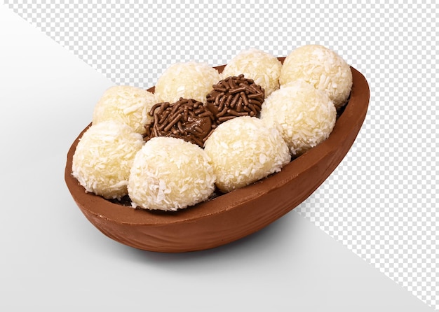 Chocolate easter egg with typical brazilian gourmet brigadeiro on transparent background