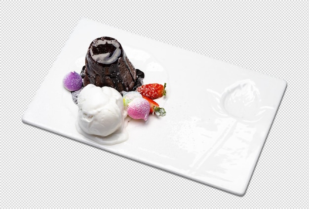 Chocolate fondant with ice cream, chocolate dish, cupcake with cream, dessert, shadow layer