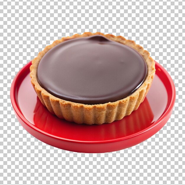 PSD chocolate ganache tart in red plate isolated on transparent background