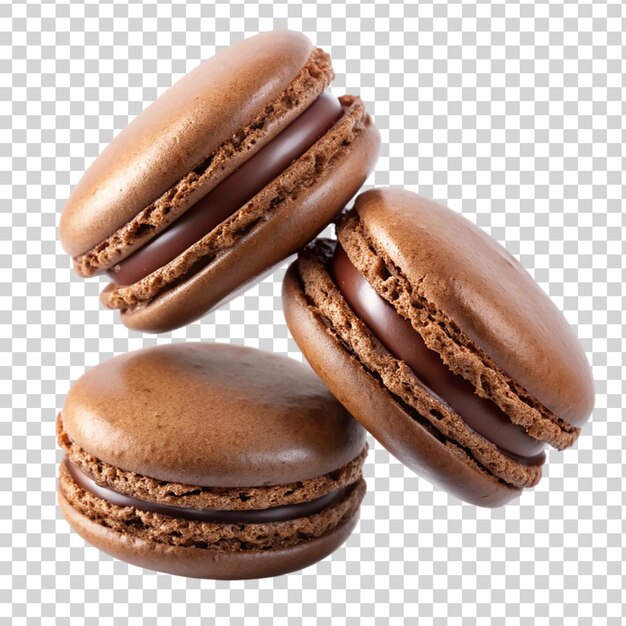 Chocolate glaze macarons levitating Isolated on transparent background