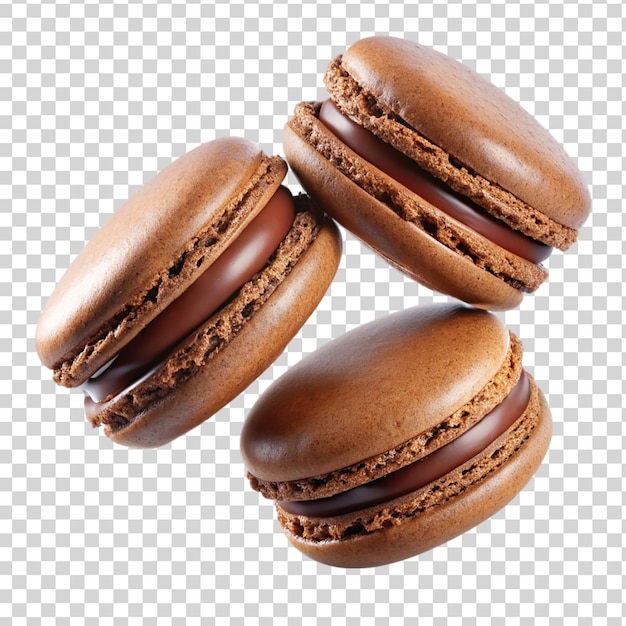 Chocolate glaze macarons levitating Isolated on transparent background