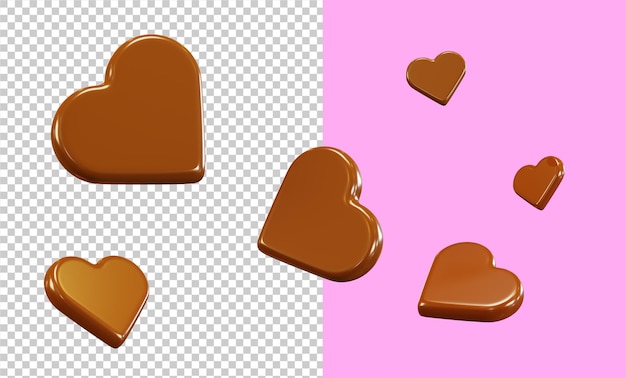 Chocolate hearts. Heart-shaped candies falling, 3d render. Chocolate background for Valentine's Day