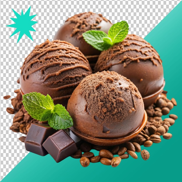 a chocolate ice cream balls composition with small on transparent background