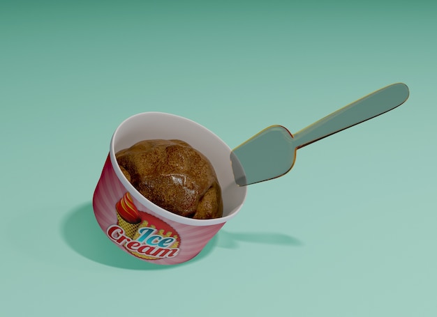 Chocolate ice cream in container with plastic spoon