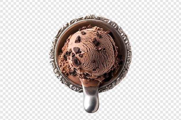 PSD chocolate ice cream scoop with chocolate chips in a metal bowl on a transparent background