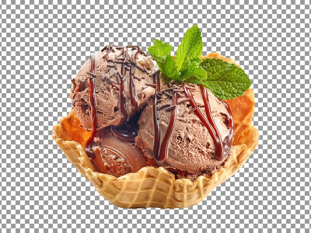 Chocolate ice cream scoops in a waffle basket with mint leaf on transparent background