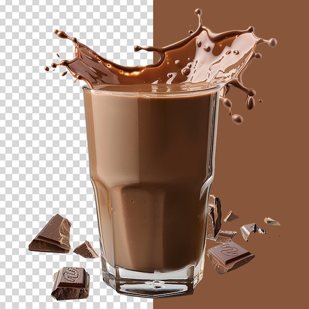 Chocolate milk in a glass with chocolate splashes isolated on transparent background