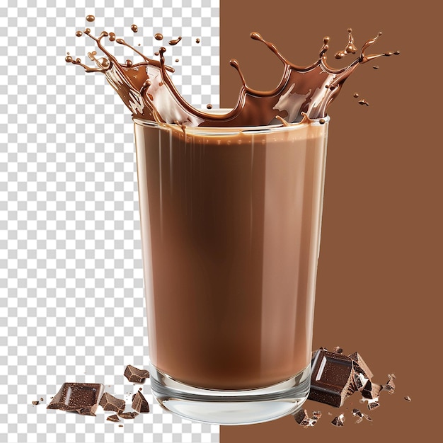 Chocolate milk in a glass with chocolate splashes isolated on transparent background