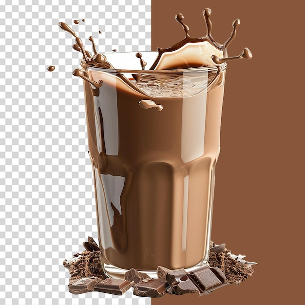 Chocolate milk in a glass with chocolate splashes isolated on transparent background