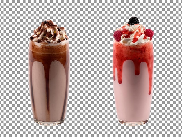 Chocolate and raspberry milkshake glasses on a transparent background