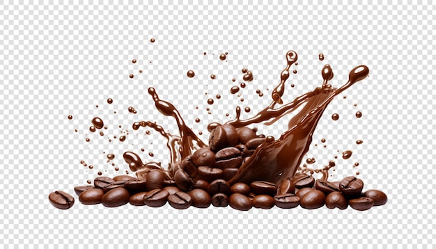 chocolate splash with coffee beans isolated on transparent background