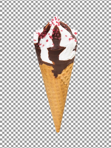 Chocolate and strawberry ice cream cone isolated on transparent background