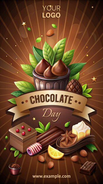 PSD a chocolate themed poster with a green leaf and a bunch of chocolate treats