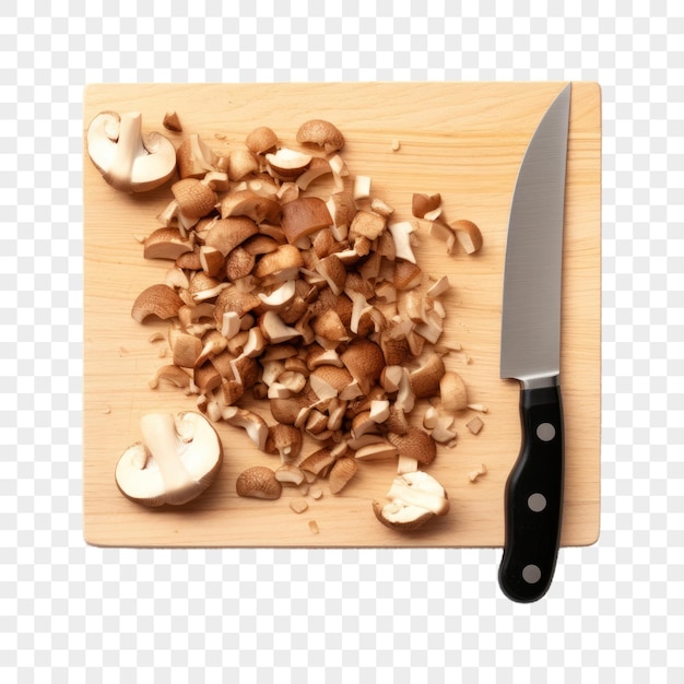 PSD chopped mushrooms and knife on round wooden cutting board on isolated background