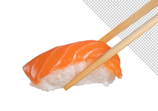 Chopsticks holding a piece of nigiri