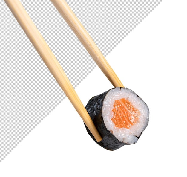 Chopsticks holding a piece of sushi