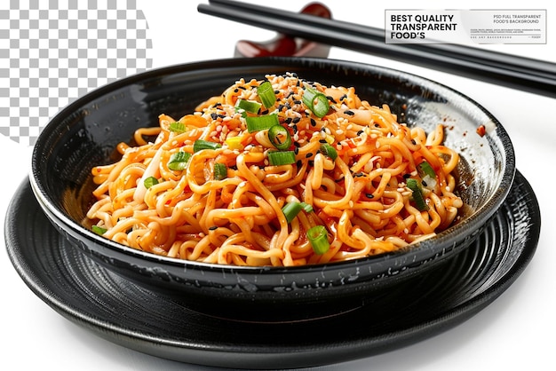 Chow Mein presented in a black ceramic bowl with a sprig on transparent background