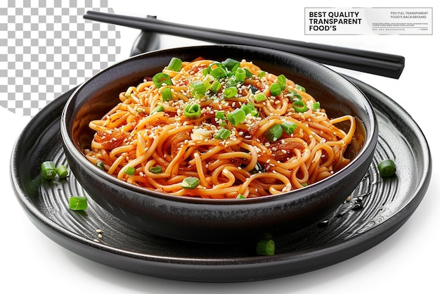 PSD chow mein presented in a black ceramic bowl with a sprig on transparent background