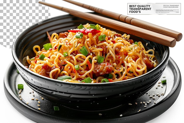 PSD chow mein served in a black ceramic bowl with chopsticks on transparent background