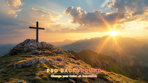 PSD christian cross on top rock mountain with bright sunbeam on the colorful sky background