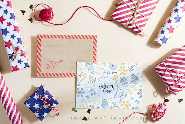 Christmas background with gift boxes and mockup letter to Santa.