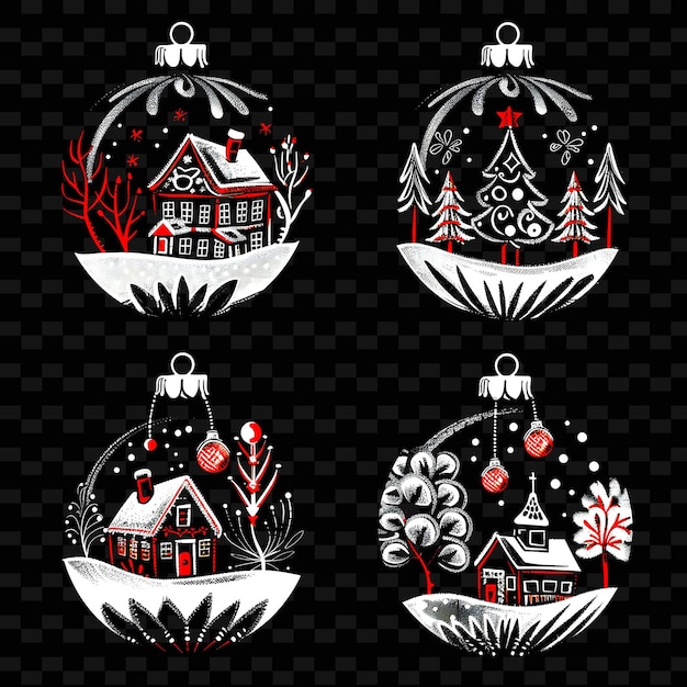 PSD christmas balls with snow and trees on a black background