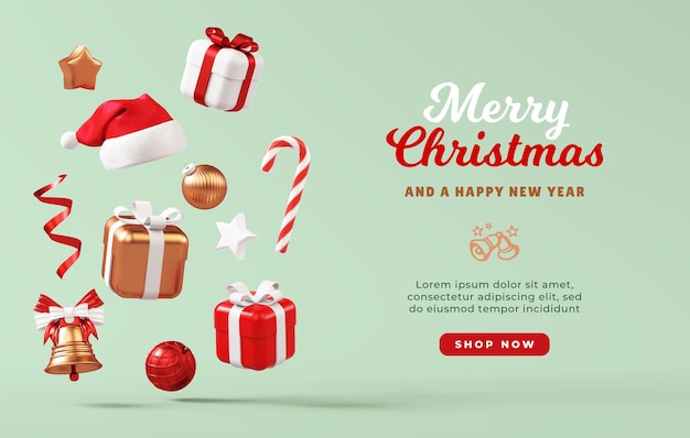 Christmas banner template with floating ornaments gifts and Santa hat on a green background