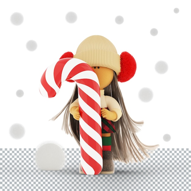 Christmas blonde rag doll with candy cane under snow