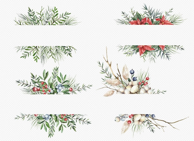 Christmas border art objects isolated set Xmas festive frames of fir branches and evergreen leaves