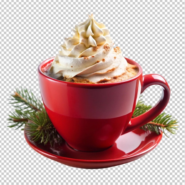 PSD christmas cappuccino with whipped cream in red cup transparent background