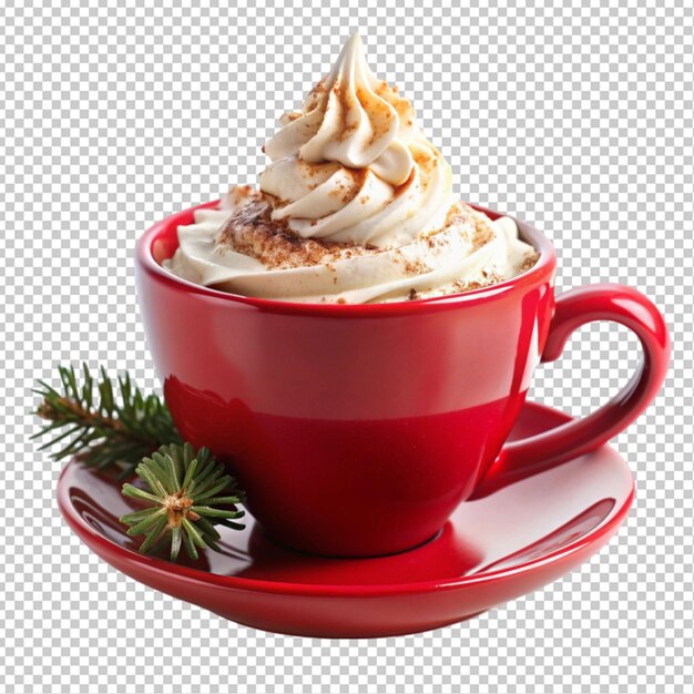 PSD christmas cappuccino with whipped cream in red cup transparent background