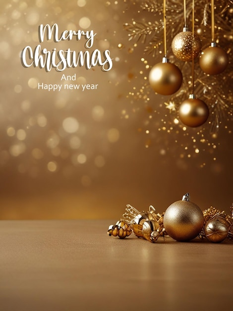 a christmas card with a gold background with a christmas tree and balls