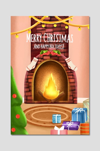 a Christmas card with Merry Christmas with fireplace gift box Christmas tree and decorations